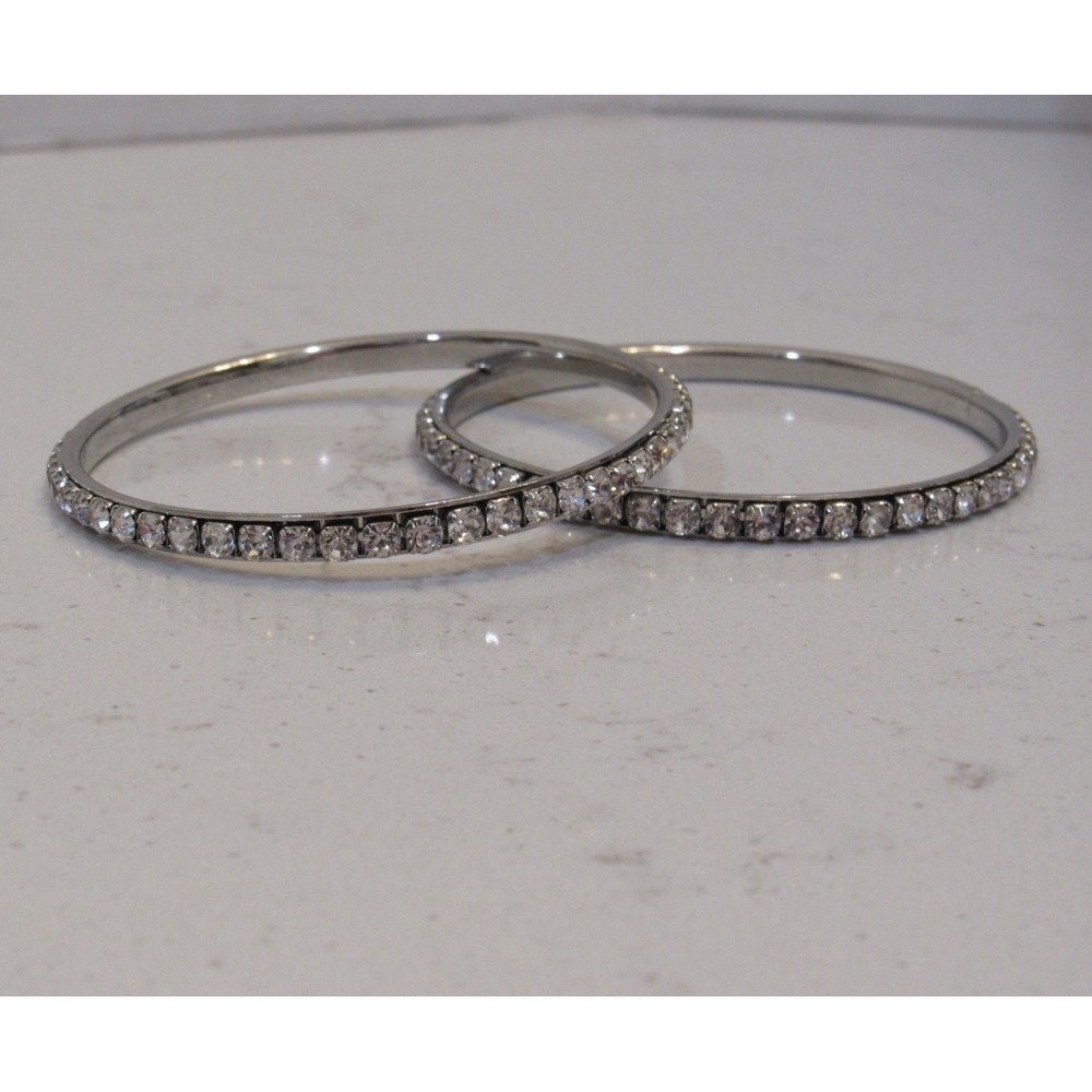 Set of 2 Silver Tone Clear Crystal Rhinestone Bangle‎ Bracelets 8.25 Inch Round